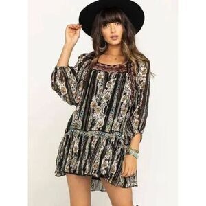 Free People Dance Magic Tunic Top Mini Dress Black Floral Metallic